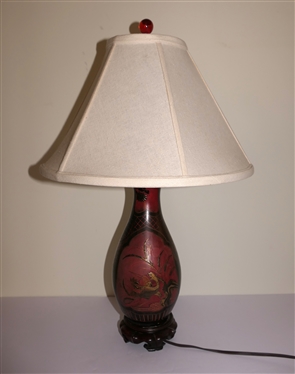 Chinoiserie Decorator Table Lamp -Black, Red, and Gold Decorated Ceramic Lam with Wood Base  - Nice Shade with Red Glass Finial - Bird and Tree Motif - Lamp Measures 12 To Bulb