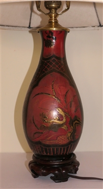 Chinoiserie Decorator Table Lamp -Black, Red, and Gold Decorated Ceramic Lam with Wood Base  - Nice Shade with Red Glass Finial - Bird and Tree Motif - Lamp Measures 12 To Bulb