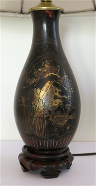Chinoiserie Decorator Table Lamp -Black, Red, and Gold Decorated Ceramic Lam with Wood Base  - Nice Shade with Red Glass Finial - Bird and Tree Motif - Lamp Measures 12 To Bulb