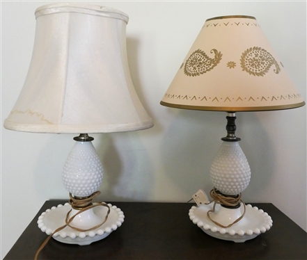2 Hobnail Milkglass Boudoir Lamps - Each Measures 11 to Bulb - Mismatched Shades