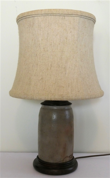 Virginia Gray Stoneware Storage Jar Converted Into Table Lamp - Wood Base - Jar Has Been Drilled for Lamp Cord - Lamp Has Brass Bird Finial - Measures 12" To Bulb 