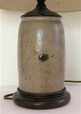 Virginia Gray Stoneware Storage Jar Converted Into Table Lamp - Wood Base - Jar Has Been Drilled for Lamp Cord - Lamp Has Brass Bird Finial - Measures 12 To Bulb 
