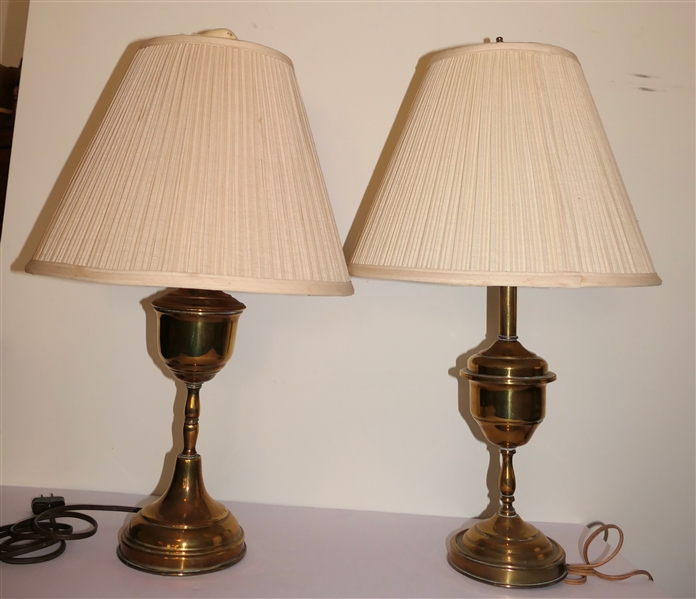 2 Polished Brass Table Lamps - Both with Pleated Shades - One with Very Cute Puffer Fish Finial - Each Measures Approx 20" 