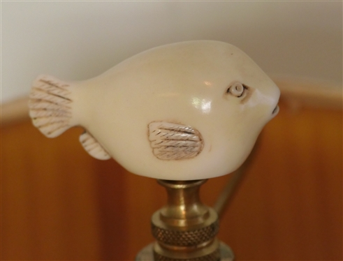 2 Polished Brass Table Lamps - Both with Pleated Shades - One with Very Cute Puffer Fish Finial - Each Measures Approx 20 