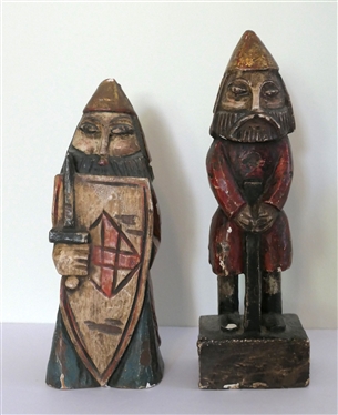 2 Hand Carved Polychrome Painted Knight Statues - Knight with Shield Measures 9 Tall 