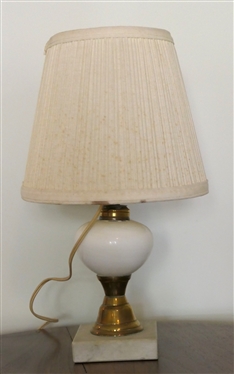 Oil Lamp with White Font- Brass Hardware and Marble Base - Has Been Electrified But Not Drilled - Lamp Measures 9 To Bulb