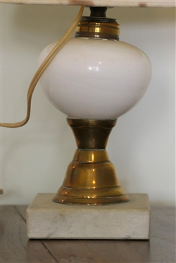 Oil Lamp with White Font- Brass Hardware and Marble Base - Has Been Electrified But Not Drilled - Lamp Measures 9 To Bulb