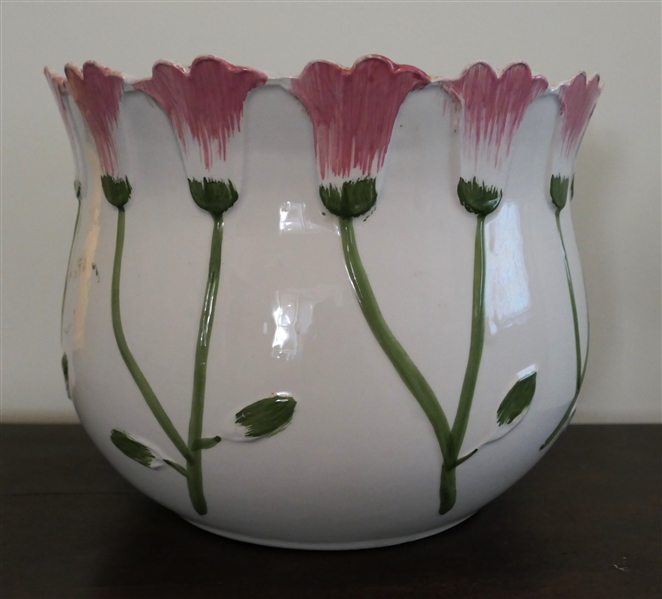 Ceramic Planter with Pink Flowers - Measures 8" Tall 10" Across - Small Chip at Top Edge - Felt Covered Bottom 