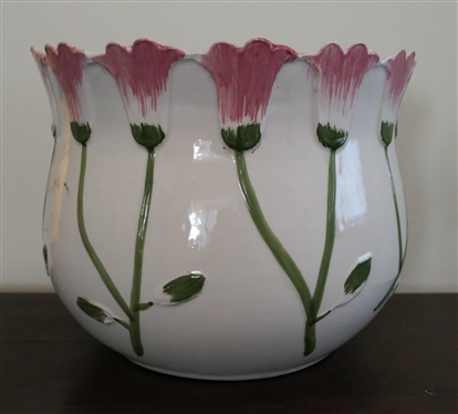 Ceramic Planter with Pink Flowers - Measures 8 Tall 10 Across - Small Chip at Top Edge - Felt Covered Bottom 