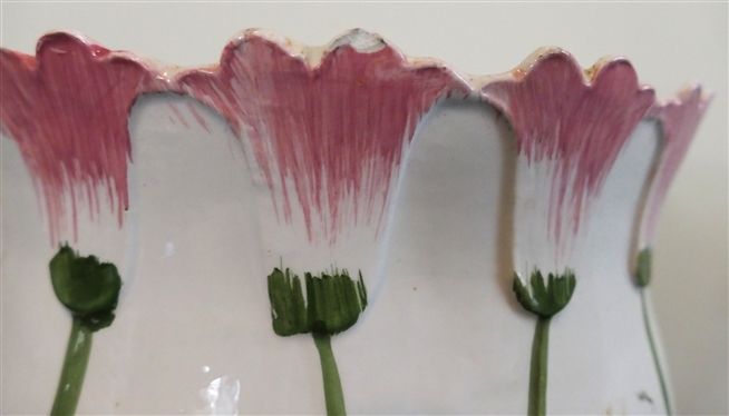 Ceramic Planter with Pink Flowers - Measures 8 Tall 10 Across - Small Chip at Top Edge - Felt Covered Bottom 