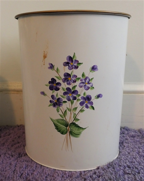 Nice Metal Wastebasket with Hand Painted Violet Flowers - Can Measures 13" tall 10" Across