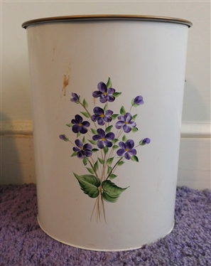 Nice Metal Wastebasket with Hand Painted Violet Flowers - Can Measures 13 tall 10 Across