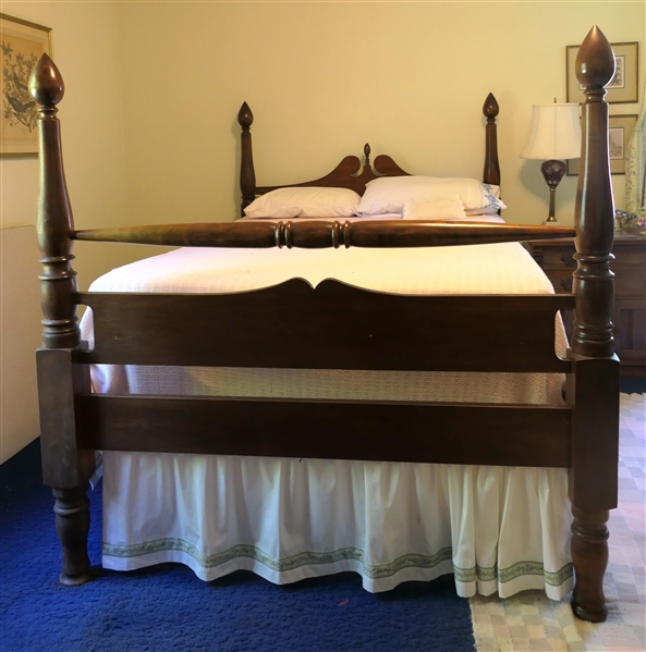 Beautiful Walnut Poster Bed - Fine Carved Posts with Large Teardrop Finials - Broken Arch Headboard with Teardrop Finial - Wood Rails - Tension Rod Bed Skirt - All Bedding Included - Full Size 