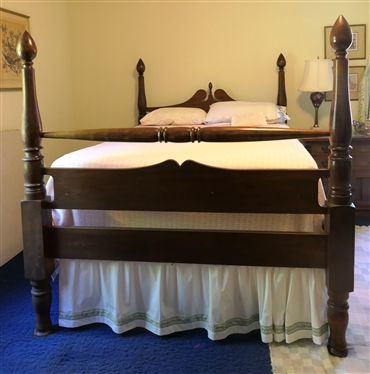 Beautiful Walnut Poster Bed - Fine Carved Posts with Large Teardrop Finials - Broken Arch Headboard with Teardrop Finial - Wood Rails - Tension Rod Bed Skirt - All Bedding Included - Full Size 
