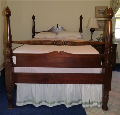 Beautiful Walnut Poster Bed - Fine Carved Posts with Large Teardrop Finials - Broken Arch Headboard with Teardrop Finial - Wood Rails - Tension Rod Bed Skirt - All Bedding Included - Full Size 