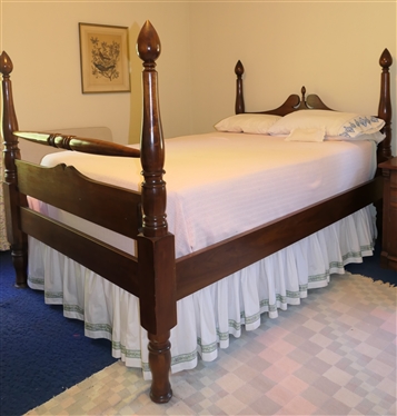 Beautiful Walnut Poster Bed - Fine Carved Posts with Large Teardrop Finials - Broken Arch Headboard with Teardrop Finial - Wood Rails - Tension Rod Bed Skirt - All Bedding Included - Full Size 
