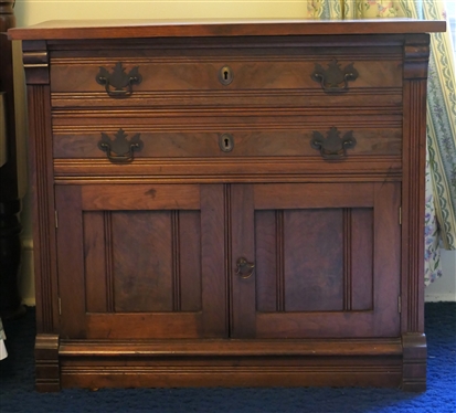 Walnut Washstand with 2 Dovetailed Drawers over Double Door Cabinet - Reed Plasters - Paneled Sides - Stand Measures - 27 1/2 Tall 37 By 21