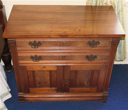 Walnut Washstand with 2 Dovetailed Drawers over Double Door Cabinet - Reed Plasters - Paneled Sides - Stand Measures - 27 1/2 Tall 37 By 21