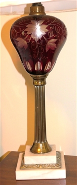 Beautiful Ruby Red Cut to Clear Table Lamp with Grape and Vine Motif - Marble Base with Brass Fittings - Lamp Measures