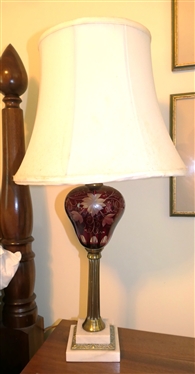 Beautiful Ruby Red Cut to Clear Table Lamp with Grape and Vine Motif - Marble Base with Brass Fittings - Lamp Measures