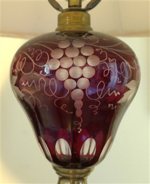 Beautiful Ruby Red Cut to Clear Table Lamp with Grape and Vine Motif - Marble Base with Brass Fittings - Lamp Measures