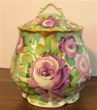 SAXE Hand Painted Porcelain Jar - Beautiful Pink and Magenta Roses with Green Leaves - Gold Trim - Jar Measures 6 Tall with Lid 
