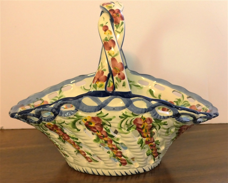 Beautiful China Basket - Made in Portugal Jay Willfred div. of Andrea by Sadek - Pierced Basket with Pink and Blue Flowers and Blue Trim - Basket Measures 4 1/2" Tall 11 1/2" by 6 1/2" - Not...