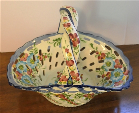 Beautiful China Basket - Made in Portugal Jay Willfred div. of Andrea by Sadek - Pierced Basket with Pink and Blue Flowers and Blue Trim - Basket Measures 4 1/2 Tall 11 1/2 by 6 1/2 - Not...