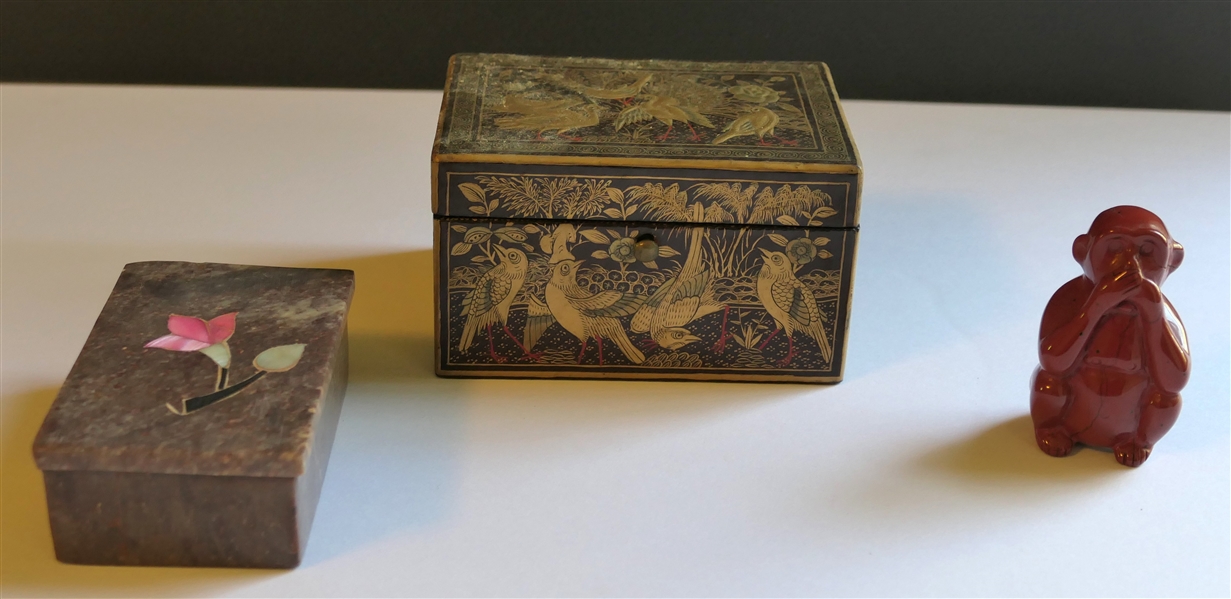 Hand Carved Stone Monkey, Sandstone Box, and Black Lacquer Box with Gold Peacocks - Stone Monkey is 2 1/4" Tall 