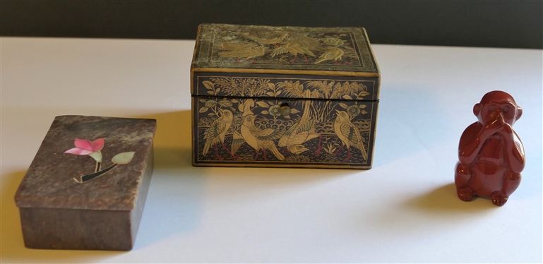 Hand Carved Stone Monkey, Sandstone Box, and Black Lacquer Box with Gold Peacocks - Stone Monkey is 2 1/4 Tall 