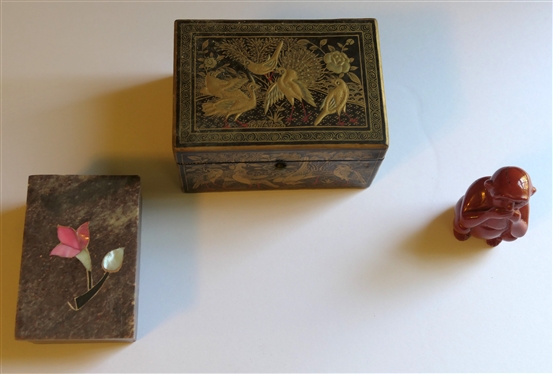 Hand Carved Stone Monkey, Sandstone Box, and Black Lacquer Box with Gold Peacocks - Stone Monkey is 2 1/4 Tall 