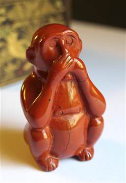 Hand Carved Stone Monkey, Sandstone Box, and Black Lacquer Box with Gold Peacocks - Stone Monkey is 2 1/4 Tall 