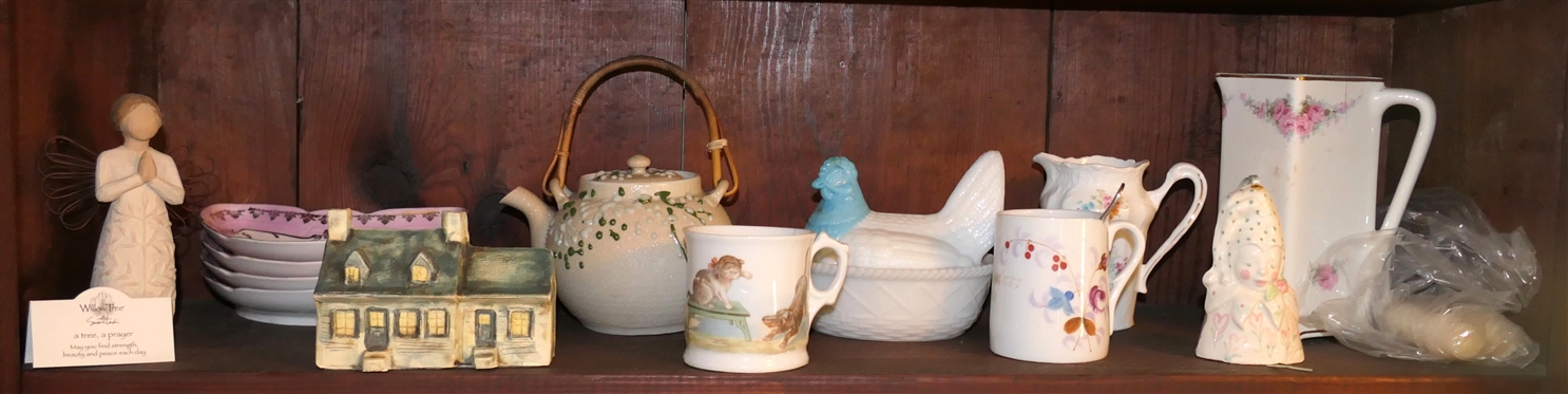 Shelf Lot including Porcelain Cups, Willow Tree Figure, Creamer, Tea Pot, Clown Bell, Ceramic House, Bone Dishes, Hen on Nest is Damaged