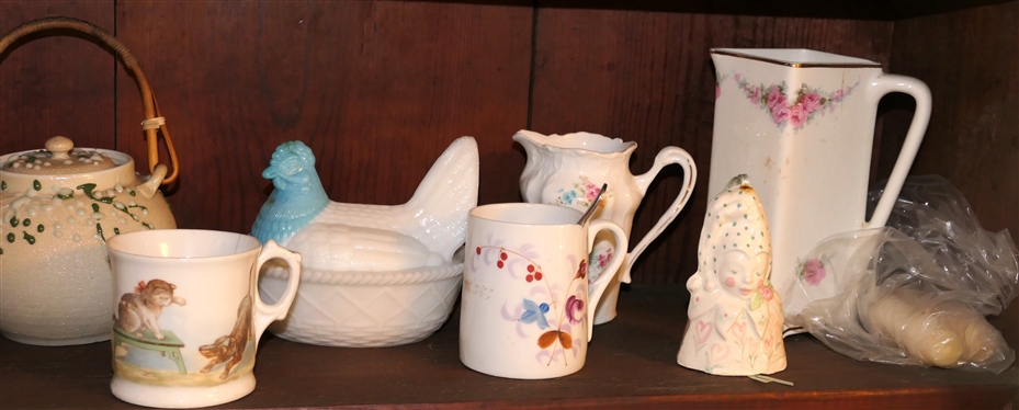 Shelf Lot including Porcelain Cups, Willow Tree Figure, Creamer, Tea Pot, Clown Bell, Ceramic House, Bone Dishes, Hen on Nest is Damaged