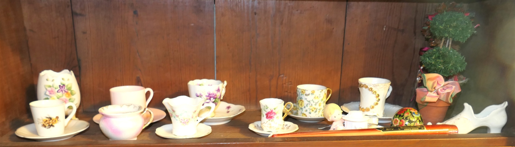 Shelf Lot including Wedgwood Cup and Saucer Sets, Floral Cup and Saucers, Moustache Cup, Creamer, Black Lacquer Paperweight, Etc. 