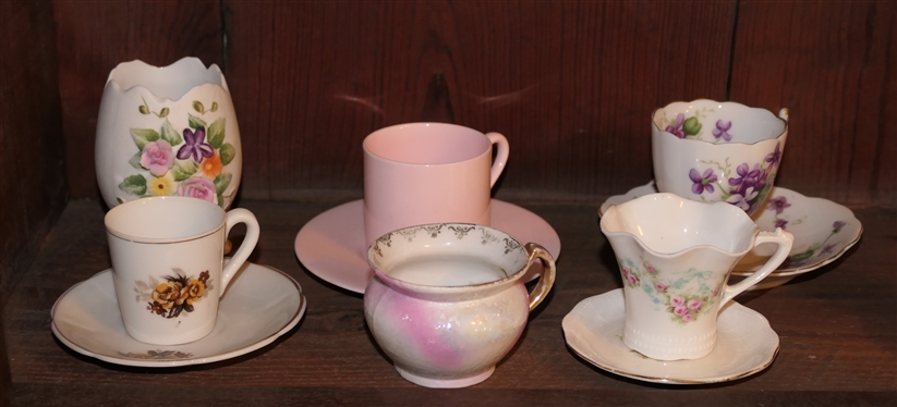 Shelf Lot including Wedgwood Cup and Saucer Sets, Floral Cup and Saucers, Moustache Cup, Creamer, Black Lacquer Paperweight, Etc. 