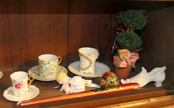 Shelf Lot including Wedgwood Cup and Saucer Sets, Floral Cup and Saucers, Moustache Cup, Creamer, Black Lacquer Paperweight, Etc. 