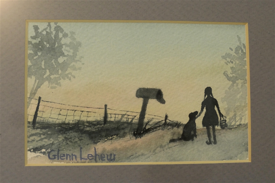 Glenn Lehew Artist Signed Watercolor Painting of Girl with Dog At Mailbox - Framed and Matted - Frame Measures 9" By 10 1/2"