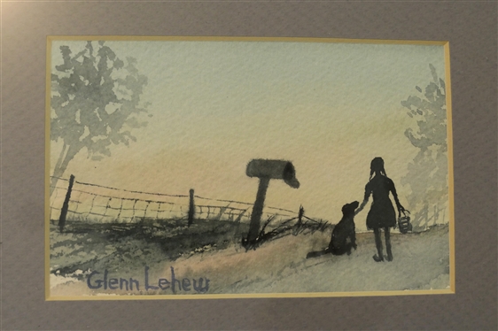 Glenn Lehew Artist Signed Watercolor Painting of Girl with Dog At Mailbox - Framed and Matted - Frame Measures 9 By 10 1/2