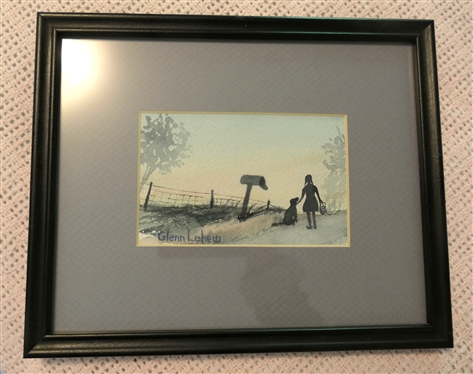 Glenn Lehew Artist Signed Watercolor Painting of Girl with Dog At Mailbox - Framed and Matted - Frame Measures 9 By 10 1/2