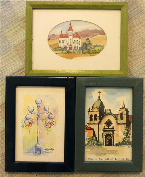 3 Small Watercolor Paintings By California Artists - Mission San Carlos - Carmel, CA.,  M. Campbell - Santa Barbara, CA, and Mahara Watercolor Painting of Street Lamp- Frame Measures 7 1/4" by 5 1/4"