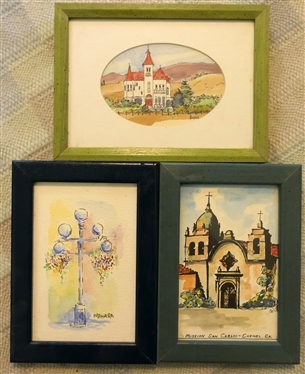 3 Small Watercolor Paintings By California Artists - Mission San Carlos - Carmel, CA.,  M. Campbell - Santa Barbara, CA, and Mahara Watercolor Painting of Street Lamp- Frame Measures 7 1/4 by 5 1/4