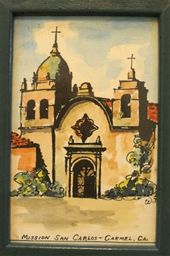 3 Small Watercolor Paintings By California Artists - Mission San Carlos - Carmel, CA.,  M. Campbell - Santa Barbara, CA, and Mahara Watercolor Painting of Street Lamp- Frame Measures 7 1/4 by 5 1/4