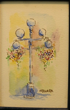 3 Small Watercolor Paintings By California Artists - Mission San Carlos - Carmel, CA.,  M. Campbell - Santa Barbara, CA, and Mahara Watercolor Painting of Street Lamp- Frame Measures 7 1/4 by 5 1/4