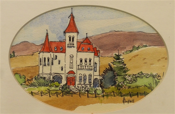 3 Small Watercolor Paintings By California Artists - Mission San Carlos - Carmel, CA.,  M. Campbell - Santa Barbara, CA, and Mahara Watercolor Painting of Street Lamp- Frame Measures 7 1/4 by 5 1/4