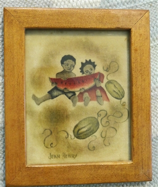 Jean Harvey Theorem Painting - Black Americana Scene  -Children with Watermelon - Framed - Jean Henry - Dumfries, VA Artist - Frame Measures 6 1/4 By 5 1/4 