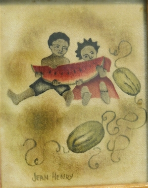 Jean Harvey Theorem Painting - Black Americana Scene  -Children with Watermelon - Framed - Jean Henry - Dumfries, VA Artist - Frame Measures 6 1/4 By 5 1/4 