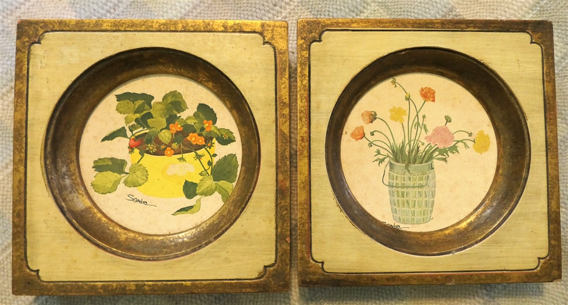 2 Framed Plaques with Floral Art by Sandra - Each Measures 7 1/4" By 7 1/4" 