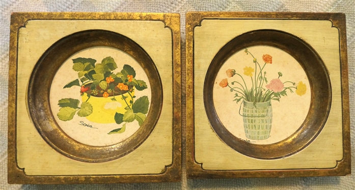 2 Framed Plaques with Floral Art by Sandra - Each Measures 7 1/4 By 7 1/4 
