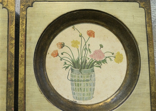 2 Framed Plaques with Floral Art by Sandra - Each Measures 7 1/4 By 7 1/4 